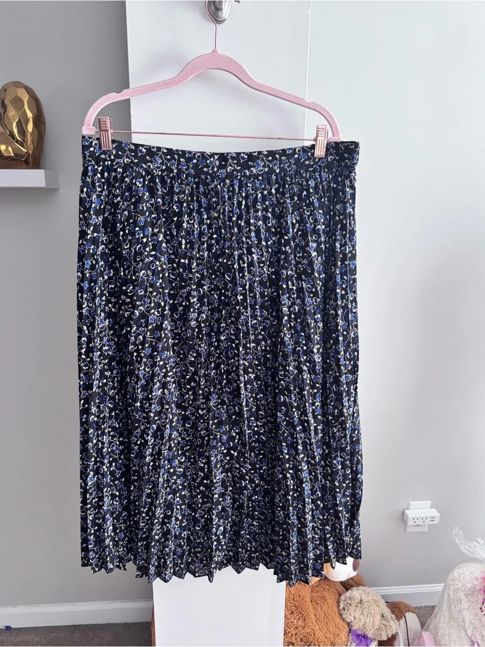 J.Crew Black Blue Floral Pleated Midi Skirt XL Flowy A-Line